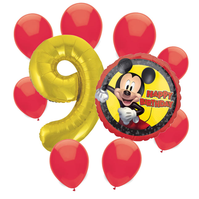 Mickey Mouse 9th birthday set main: number 9 foil, themed foil and 8 matching latex balloons