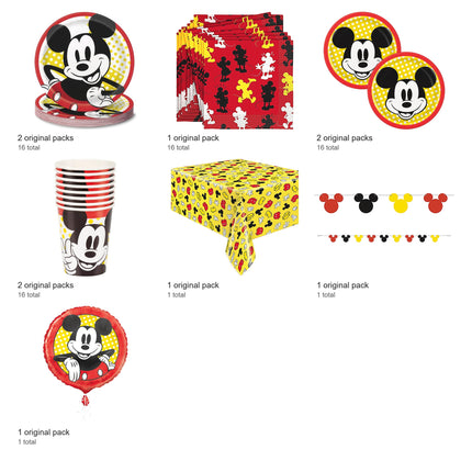 Mickey Mouse Party Supplies and Foil Balloon Set for 16 Guests - included packs and quantities