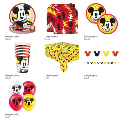 Mickey Mouse Party Supplies and Latex Balloons Set for 16 Guests - included packs and quantities