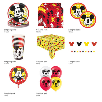 Mickey Mouse Party Supplies, Foil and Latex Balloons Set for 16 Guests - included packs and quantities