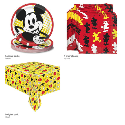 Mickey Mouse Plates, Napkins and Tablecloth Set for 16 Guests - included packs and quantities