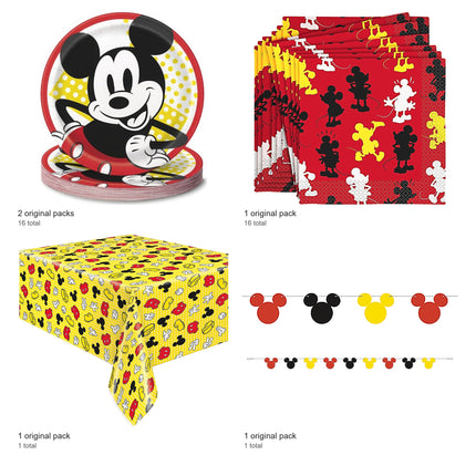 Mickey Mouse Plates, Napkins, Banner and Tablecloth Set for 16 Guests - included packs and quantities