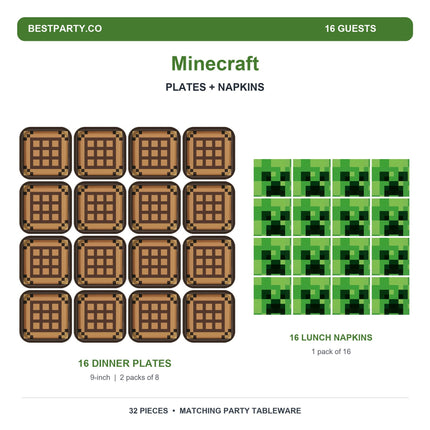 Minecraft set with 16 crafting-table dinner plates and 16 Creeper luncheon napkins