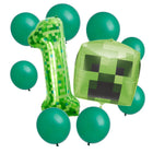 Minecraft 1st birthday set main: number 1 foil, themed foil and 8 matching latex balloons