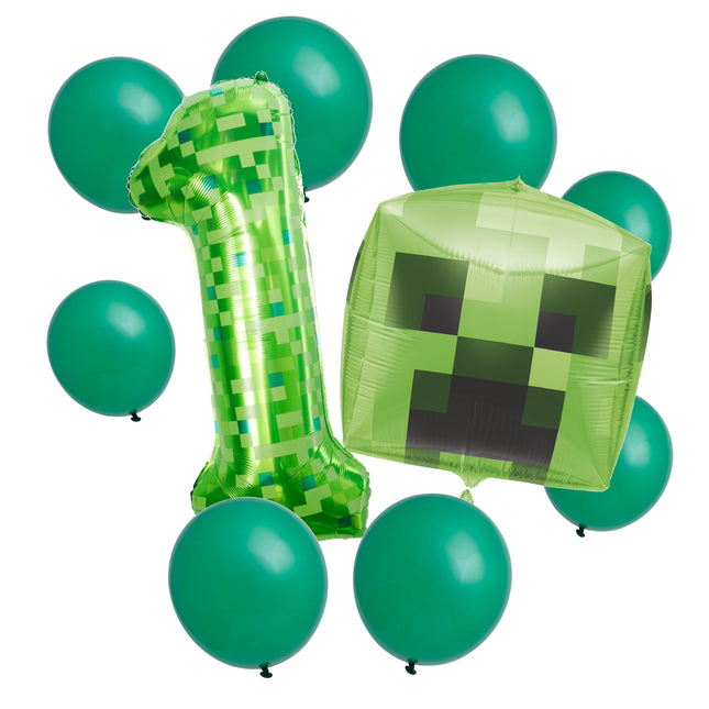 Minecraft 1st birthday set main: number 1 foil, themed foil and 8 matching latex balloons