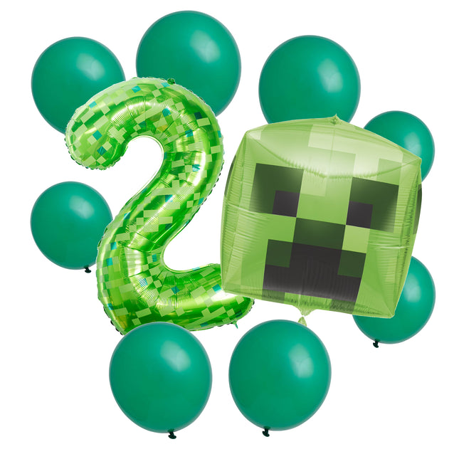 Minecraft 2nd birthday set main: number 2 foil, themed foil and 8 matching latex balloons
