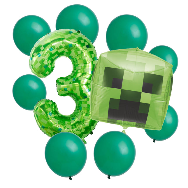 Minecraft 3rd birthday set main: number 3 foil, themed foil and 8 matching latex balloons