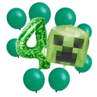 Minecraft 4th birthday set main: number 4 foil, themed foil and 8 matching latex balloons