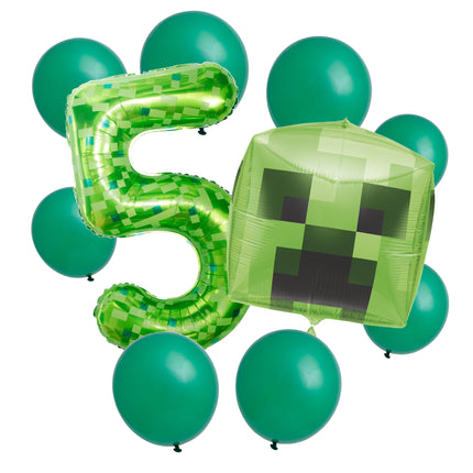 Minecraft 5th birthday set main: number 5 foil, themed foil and 8 matching latex balloons