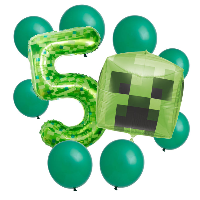 Minecraft 5th birthday set main: number 5 foil, themed foil and 8 matching latex balloons
