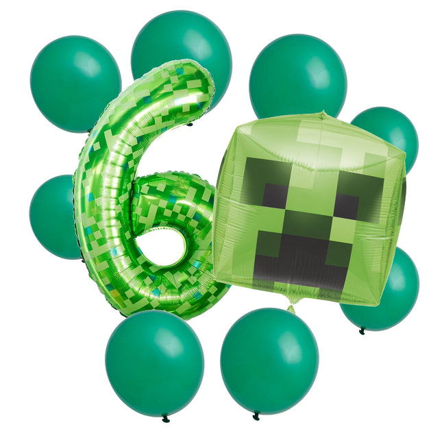 Minecraft 6th birthday set main: number 6 foil, themed foil and 8 matching latex balloons