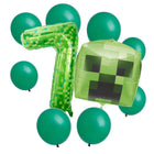 Minecraft 7th birthday set main: number 7 foil, themed foil and 8 matching latex balloons