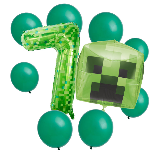 Minecraft 7th birthday set main: number 7 foil, themed foil and 8 matching latex balloons