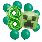 Minecraft 8th birthday set main: number 8 foil, themed foil and 8 matching latex balloons
