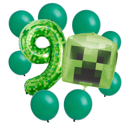 Minecraft 9th birthday set main: number 9 foil, themed foil and 8 matching latex balloons