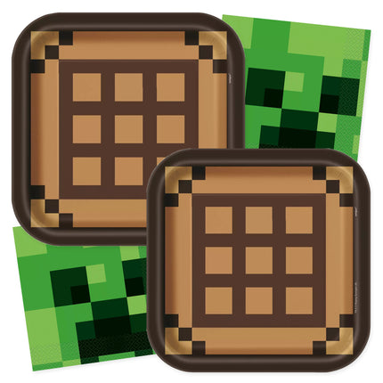 Minecraft Plates and Napkins Set for 16 Guests — coordinating plate and napkin designs