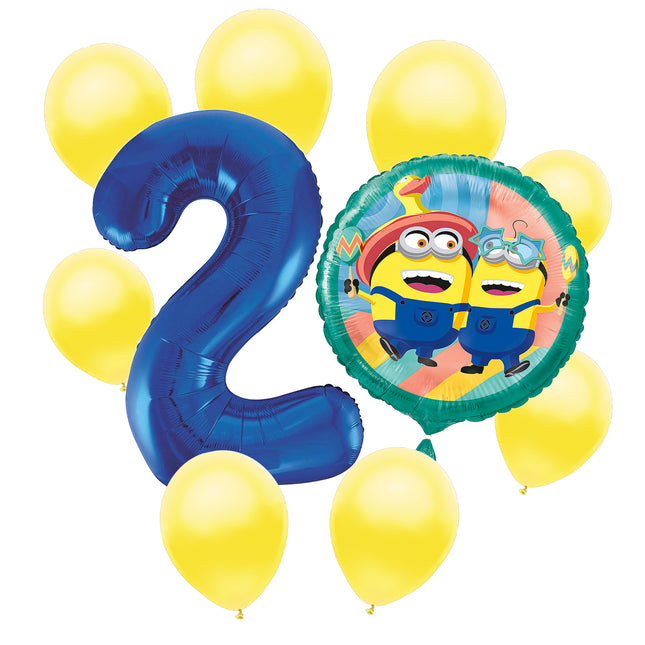 Minions 2nd birthday set main: number 2 foil, themed foil and 8 matching latex balloons