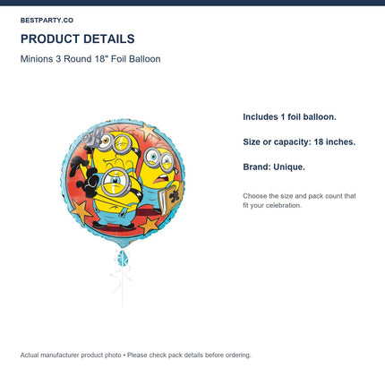Minions 3 Round 18" Foil Balloon — size and pack information