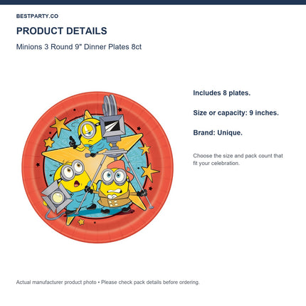 Minions 3 Round 9" Dinner Plates 8ct — size and pack information