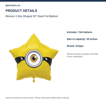 Minions 3 Star-Shaped 30" Giant Foil Balloon — size and pack information