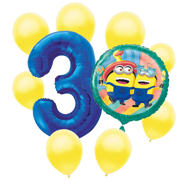 Minions 3rd birthday set main: number 3 foil, themed foil and 8 matching latex balloons