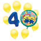 Minions 4th birthday set main: number 4 foil, themed foil and 8 matching latex balloons