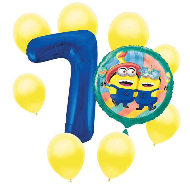 Minions 7th birthday set main: number 7 foil, themed foil and 8 matching latex balloons