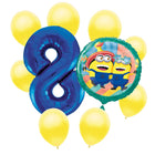 Minions 8th birthday set main: number 8 foil, themed foil and 8 matching latex balloons