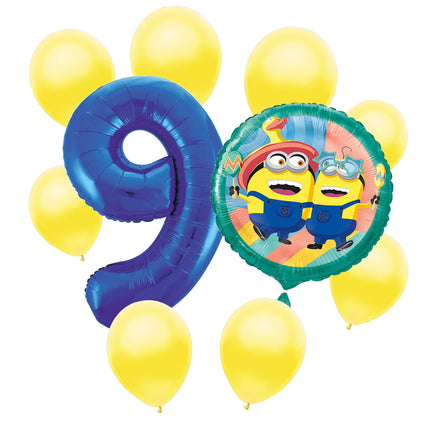 Minions 9th birthday set main: number 9 foil, themed foil and 8 matching latex balloons