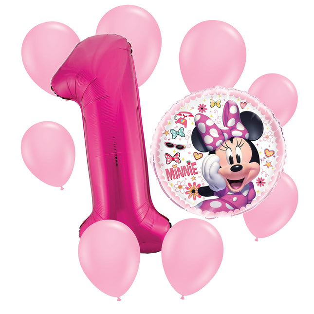 Minnie Mouse 1st birthday set main: number 1 foil, themed foil and 8 matching latex balloons
