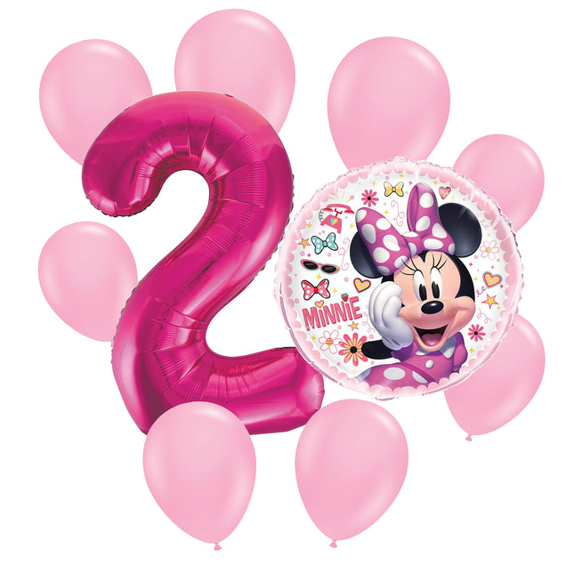 Minnie Mouse 2nd birthday set main: number 2 foil, themed foil and 8 matching latex balloons