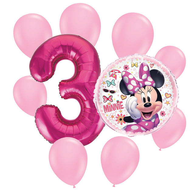 Minnie Mouse 3rd birthday set main: number 3 foil, themed foil and 8 matching latex balloons