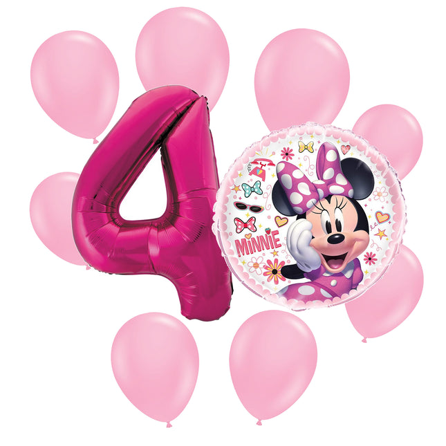 Minnie Mouse 4th birthday set main: number 4 foil, themed foil and 8 matching latex balloons