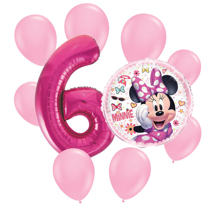Minnie Mouse 6th birthday set main: number 6 foil, themed foil and 8 matching latex balloons