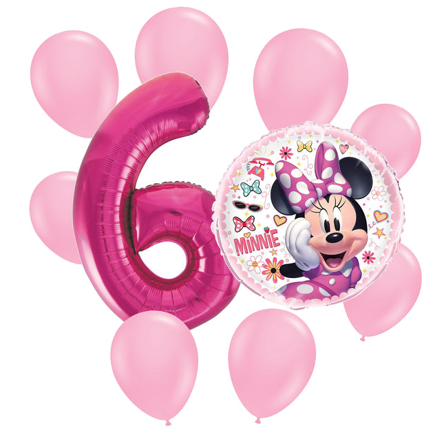 Minnie Mouse 6th birthday set main: number 6 foil, themed foil and 8 matching latex balloons