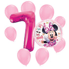 Minnie Mouse 7th birthday set main: number 7 foil, themed foil and 8 matching latex balloons