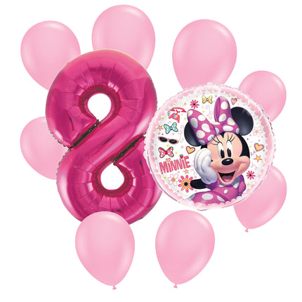 Minnie Mouse 8th birthday set main: number 8 foil, themed foil and 8 matching latex balloons