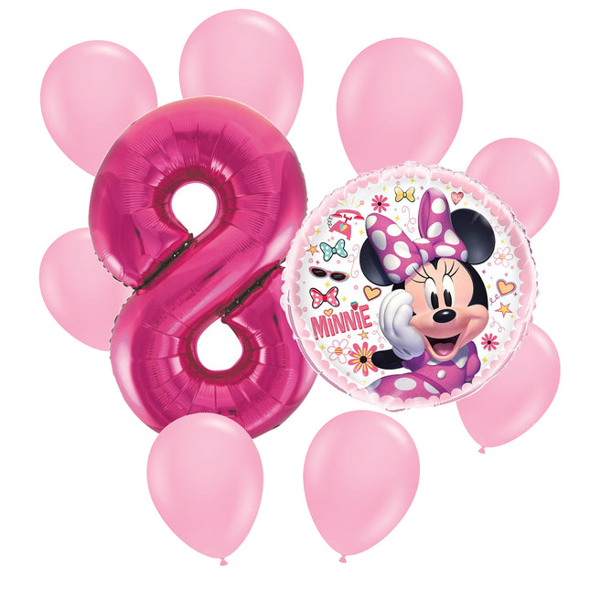 Minnie Mouse 8th birthday set main: number 8 foil, themed foil and 8 matching latex balloons