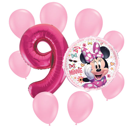 Minnie Mouse 9th birthday set main: number 9 foil, themed foil and 8 matching latex balloons