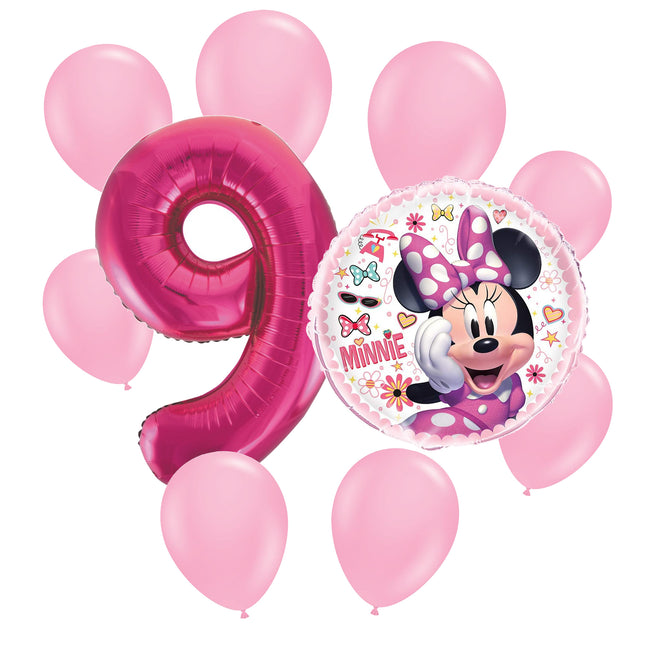 Minnie Mouse 9th birthday set main: number 9 foil, themed foil and 8 matching latex balloons