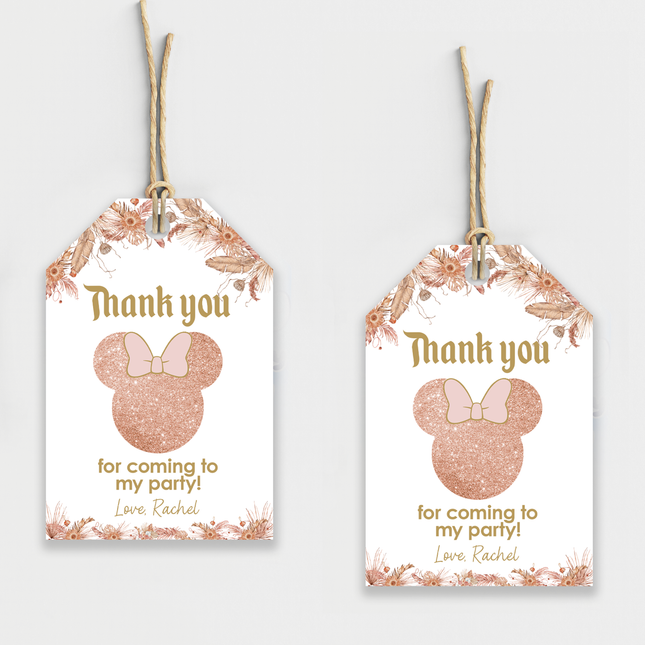 Boho Minnie Mouse Thank You Cards 8ct, Personalized Boho Party Favor Tags