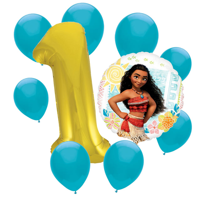 Moana 1st birthday set main: number 1 foil, themed foil and 8 matching latex balloons