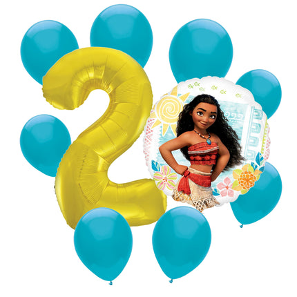 Moana 2nd birthday set main: number 2 foil, themed foil and 8 matching latex balloons