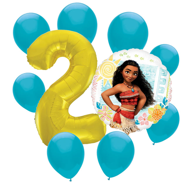 Moana 2nd birthday set main: number 2 foil, themed foil and 8 matching latex balloons