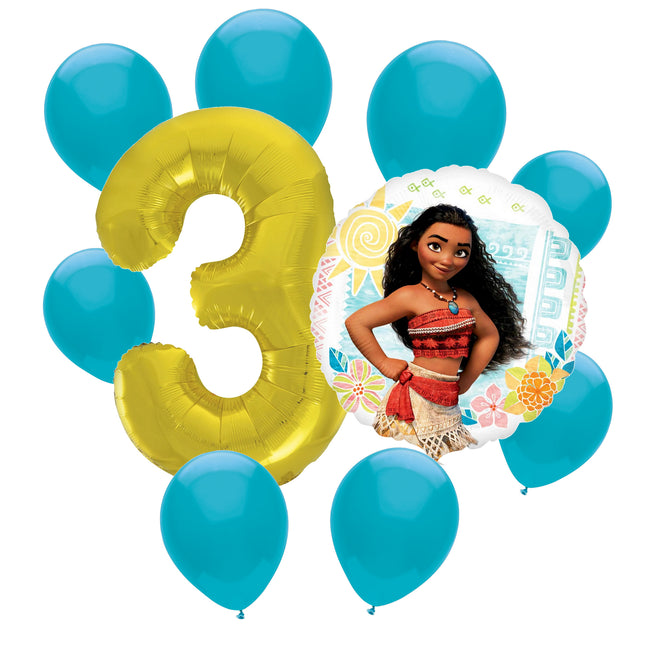 Moana 3rd birthday set main: number 3 foil, themed foil and 8 matching latex balloons