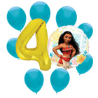 Moana 4th birthday set main: number 4 foil, themed foil and 8 matching latex balloons