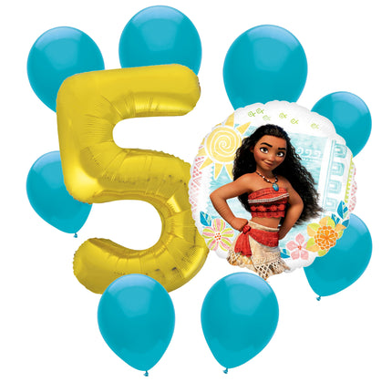 Moana 5th birthday set main: number 5 foil, themed foil and 8 matching latex balloons
