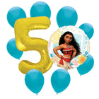 Moana 5th birthday set main: number 5 foil, themed foil and 8 matching latex balloons