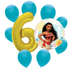 Moana 6th birthday set main: number 6 foil, themed foil and 8 matching latex balloons
