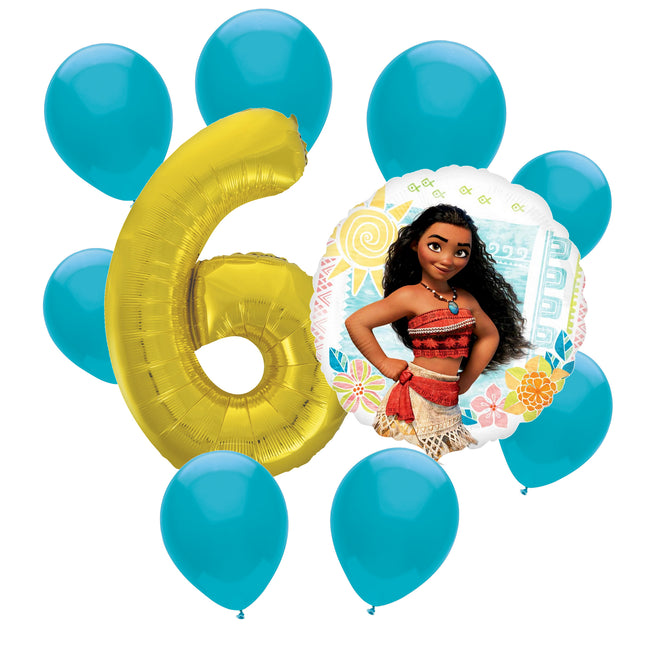 Moana 6th birthday set main: number 6 foil, themed foil and 8 matching latex balloons